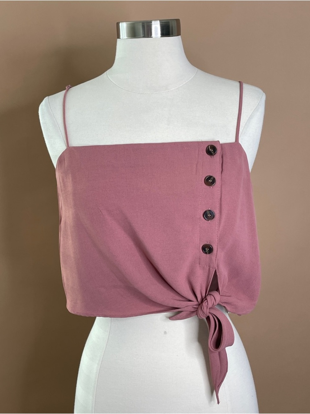 Mauve Pink Tie Front Crop Top S Button Detail Cami Cute Summer
